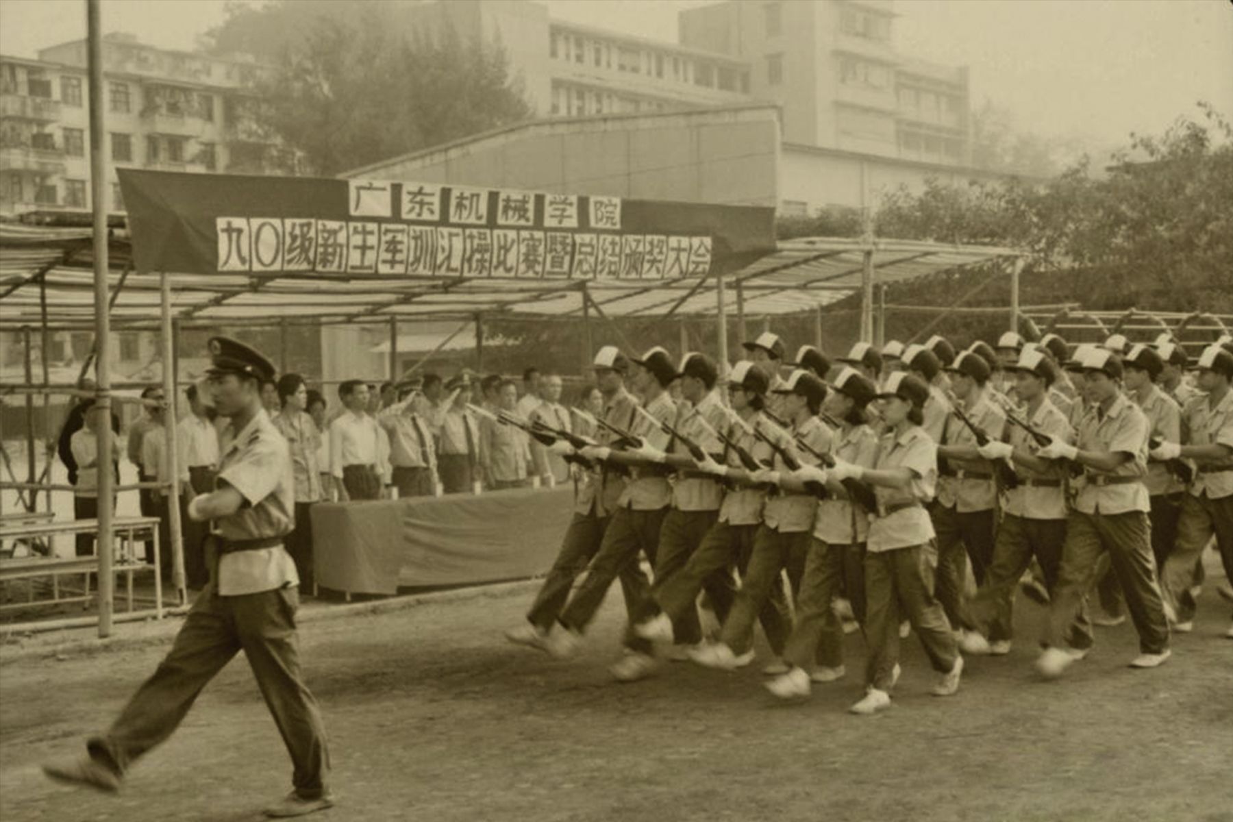 1990年，广东机械学院（广东工业大学）的新生在操场展示军训成果。