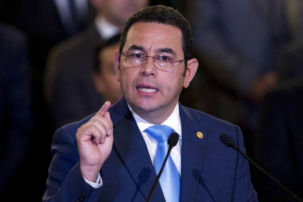 2019年1月7日，危地马拉总统吉米·莫拉莱斯(Jimmy Morales)在活动中演讲。