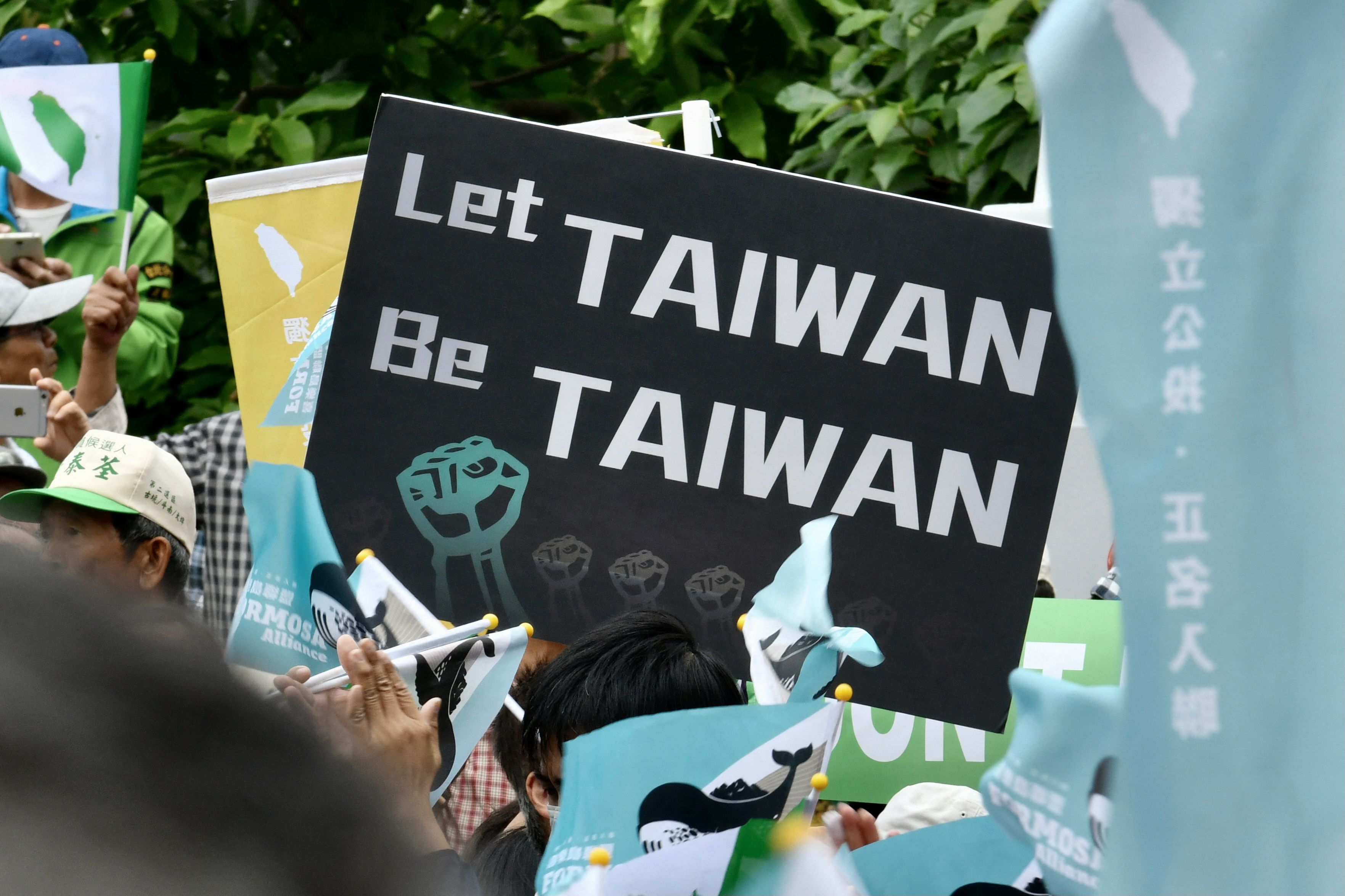 2018 年 10 月 20 日，在台北举行身份公投前的一次集会上，一名示威者手持支持台湾的标语牌。